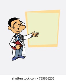 Asian doctor points, relaxed, with a book in his hand. Is showing, as in a presentation, the data you want.
