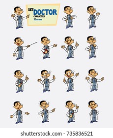 Asian doctor. Set of postures of the same character in different expressions. Sad, happy, angry ... Always showing, as in a presentation, the data you want.