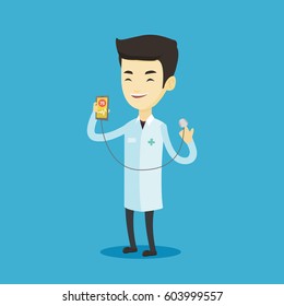 Asian doctor showing application for checking heart rate pulse. Young doctor holding smartphone with application for measuring of heart rate pulse. Vector flat design illustration. Square layout.