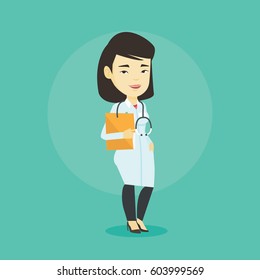 Asian doctor with stethoscope and folder. Young doctor in medical gown carrying folder of patient. Doctor holding folder with medical information. Vector flat design illustration. Square layout.