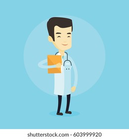 Asian doctor with stethoscope and folder. Young doctor in medical gown carrying folder of patient. Doctor holding folder with medical information. Vector flat design illustration. Square layout.