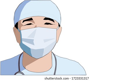 Asian doctor with surgical mask and stethoscope  on white background