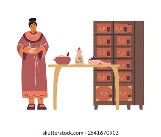 Médico asiático com ferramentas e suprimentos médicos para a fabricação de medicina oriental. Ervas medicinais, moinho de alça, mistura em uma jarra. Móveis de gaveta de loja de coleção de ingredientes vegetais. Ilustração em plano vetorial