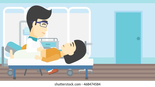 An asian doctor touching abdomen of female patient. Woman on reception at doctor. Vector flat design illustration. Horizontal layout.