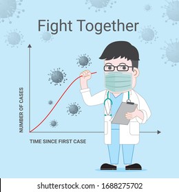 Asian doctor wearing medical mask holding data red graph analysis reduce number of case covid-19 corona virus fight together concept