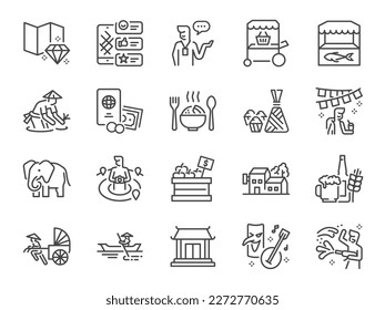 Icon-Set für den asiatischen Inlandstourismus. Es enthielt Symbole wie Tourismus vor Ort, Reisen, Tour, Lokalführer, Südostasien, Kultur und mehr.