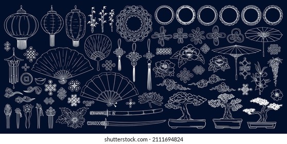 Asian doodles set. Asia culture symbols collection. Eastern traditional elements set. Samurai katana. Bonsai tree, peony flowers, sakura, bamboo. Kimono ornament. 