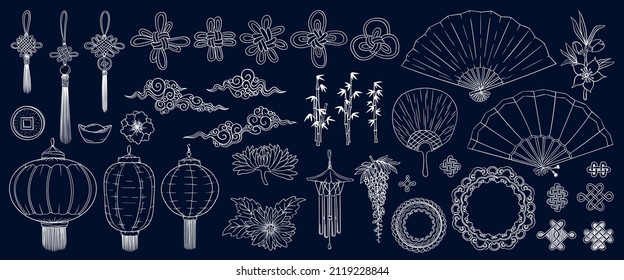 Asian doodles set. Asia culture symbols collection. Chinese traditional elements set. Chinese lantern, lucky knot amulet, fan, peony, sakura, bamboo.