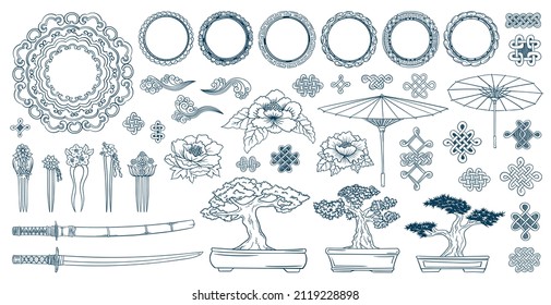 Asian doodles set. Asia culture symbols collection. Japanese traditional elements set. Samurai katana. Bonsai tree, peony flowers. Kimono ornament. 