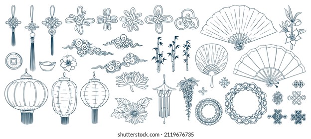 Asian doodles set. Asia culture symbols collection. Chinese traditional elements set. Chinese lantern, lucky knot amulet, fan, peony, sakura, bamboo.