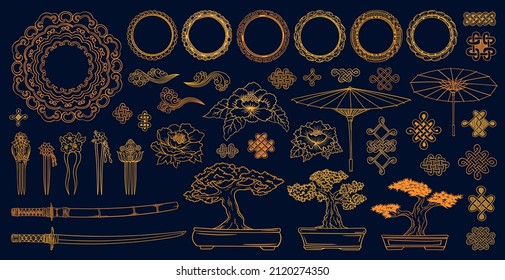 Los doodles asiáticos. Colección de símbolos culturales de Asia. Los elementos japoneses tradicionales están establecidos. Samurai katana. Árbol de Bonsai, flores de peón. Ornamento de Kimono. 