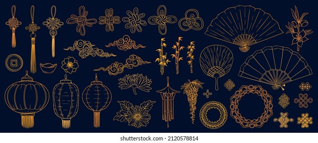 Los doodles asiáticos. Colección de símbolos culturales de Asia. Elementos chinos tradicionales. Esbozo de China. Linterna china, amuleto de nudo afortunado, hincha, peonía, sakura, bambú.