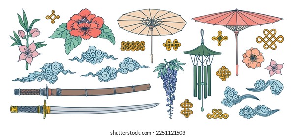 Asian doodles set. Asia culture symbols. Japanese traditional wave and cloud ornament. Samurai katana. Bonsai tree, peony flowers, sakura. Kimono ornament. 