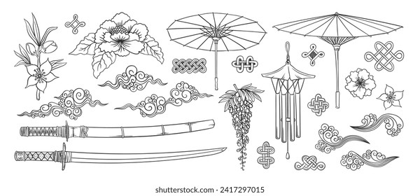 Asian doodles set. Asia culture symbols. Japanese traditional wave and cloud ornament. Samurai katana. Bonsai tree, peony flowers, sakura. Kimono ornament. 