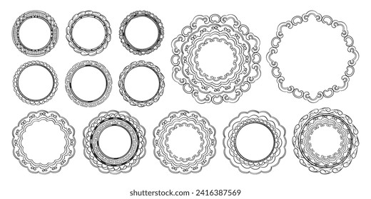 Asian doodles set. Japanese ornament frame. Chinese ornament decoration. Asia culture symbols collection. Japanese traditional frames. Kimono ornament. 