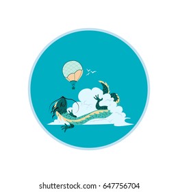 An Asian dragon and an air balloon.  A print with an Asian dragon hiding inside the puffy cloud and watching at air balloon with a person inside, looking into the telescope.