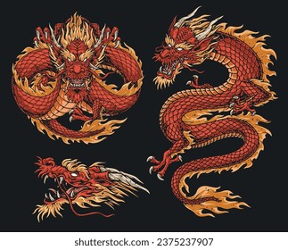 Asian dragon colorful set logotypes with Chinese monster from legends to create coat arms in style ancient dynasty vector illustration