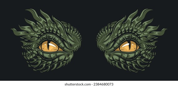 Asian dragon eyes colorful sticker with look chinese traditional dragon with yellow pupils for book and magazine design vector illustration