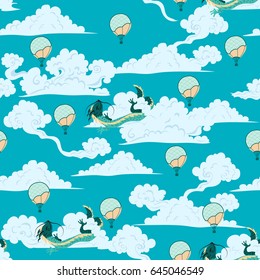 Asian dragon hiding inside the clouds.  A seamless pattern with an Asian dragons and air balloons in the sky, drifting among the clouds. Vector illustration.