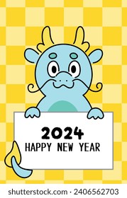 Asian dragon holding signboard card. Happy chinese new year 2024, year of the dragon or lunar new year greetings card illustration .