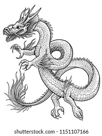 Asian dragon illustration, drawing, engraving, ink, line art, vector