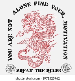 Asian Dragon Illustration with Slogan Artwork For t-shirt prints and other uses.