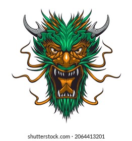 Asian dragon monster, mythology beast cartoon mascot head. Angry roaring or screaming fairytale creature, fantasy beast with horns and sharp fangs. Chinese, Japanese or Thai furious, aggressive dragon