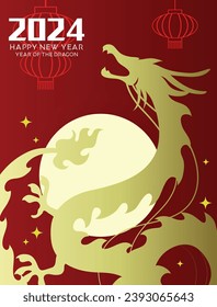 Asian dragon on moon silhouette new year 2024 greetings. Golden dragon shape on red background. Chinese new year of the dragon 2024 vector card.