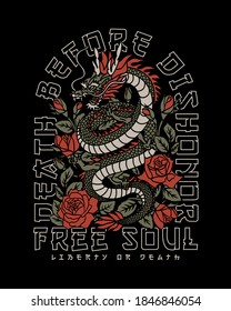 Asian Dragon with Roses with A Slogan Vector Artwork on Black Background For Apparel and Other Uses