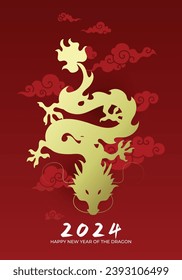 Asian dragon shape front view chinese new year 2024. Golden dragon on a red background with oriental clouds decorations.