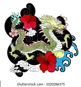 Asian dragon tattoo.colorful Japanese Dragon for tattoo with Hibiscus flower Lotus and cherry blossom.