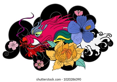 Asian dragon tattoo.colorful Japanese Dragon for tattoo with Hibiscus flower Lotus and cherry blossom.
