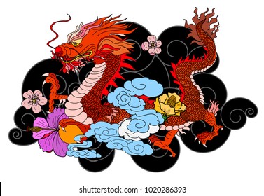 Asian dragon tattoo.colorful Japanese Dragon for tattoo with Hibiscus flower Lotus and cherry blossom.