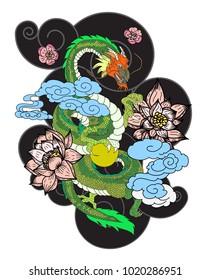 Asian dragon tattoo.colorful Japanese Dragon for tattoo with Hibiscus flower Lotus and cherry blossom.