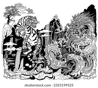 Asian Dragon and White Tiger Encounter at the Waterfall. Celestial feng shui animals. Mythological creatures facing each other surrounded by water waves. Chinese landscape. Vector illustration