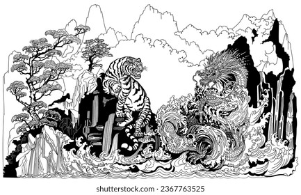 Asian Dragon and White Tiger Encounter at the Waterfall. Celestial feng shui animals. Mythological creatures facing each other surrounded by water waves. Chinese landscape. Black and white vector