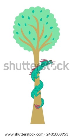 Asian dragon wrapped itself around the tree. Oriental zodiac dragon in flat style.