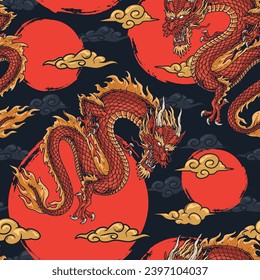 Asian dragons colorful pattern seamless with lizards flying in night sky symbolizing valor in battle vector illustration