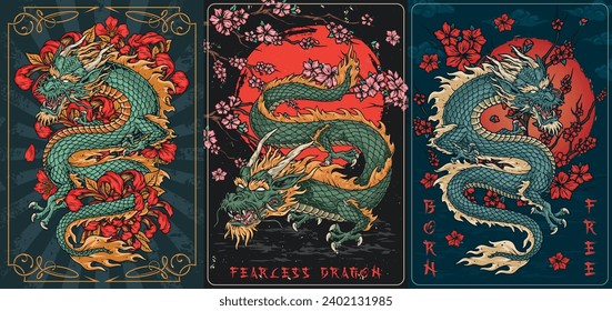 Aviones coloridos de dragones asiáticos con monstruos volando en el cielo cerca del árbol sakura o de las flores rojas ilustración vectorial