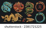 Asian dragons colorful set logotypes with Japanese and Chinese mythical lizards symbolizing triad and yakuza vector illustration