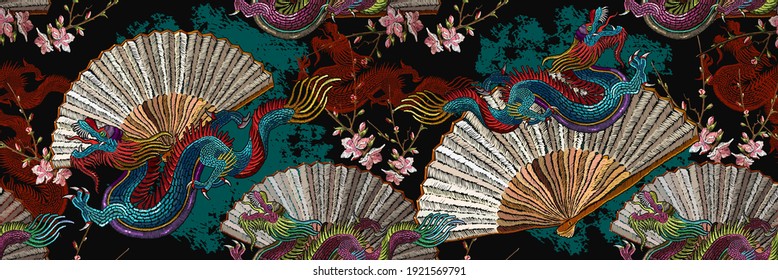 Asian dragons, japan fan and sakura flowers. Oriental art. Fashion japanese and chinese style. Template for clothes. Ethnic horizontal seamless pattern 
