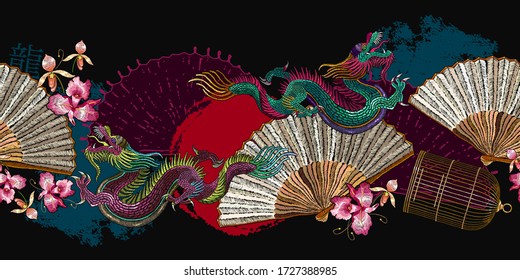 Asian dragons, rising sun, japan fan, sakura flowers and golden cage. Ethnic horizontal seamless pattern. Fashion japanese and chinese style. Template for clothes. Oriental art 