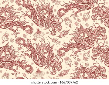 Asian dragons seamless pattern. Ancient China and Japan. history and culture. Flying snakes, pink fan, red lantern and lotus flowers. Japanese travel background. Oriental art 