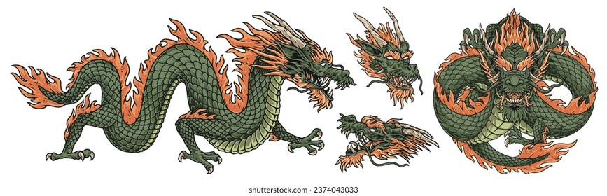 Asian dragons set logotypes colorful with mythological snake from oriental fairy tales with horns and fiery mane vector illustration