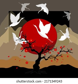 Asian drawing with seven cranes in the sky near the red sun, blooming sacura, behind on the background of the mountain. For branded stickers, Japanise shops, fabric prints.