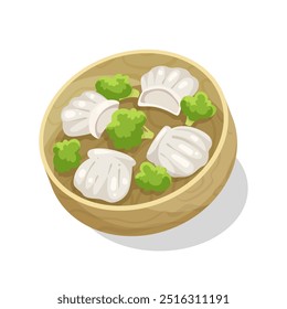 Asian dumplings in a bamboo steamer basket. Vector illustration