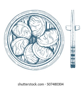 Asian dumplings in a bamboo steamer and chopsticks. Top view vector illustration. Linear graphic.