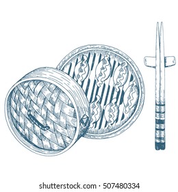 Asian dumplings in a bamboo steamer and chopsticks. Top view vector illustration. Linear graphic.
