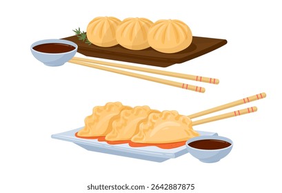 Asian dumplings. Cartoon traditional meat dumplings, Japanese gyoza and khinkali flat vector illustration set. Asian food plates