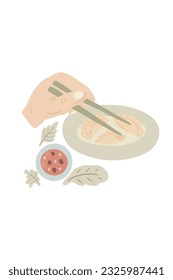 Asian dumplings hand and sticks 